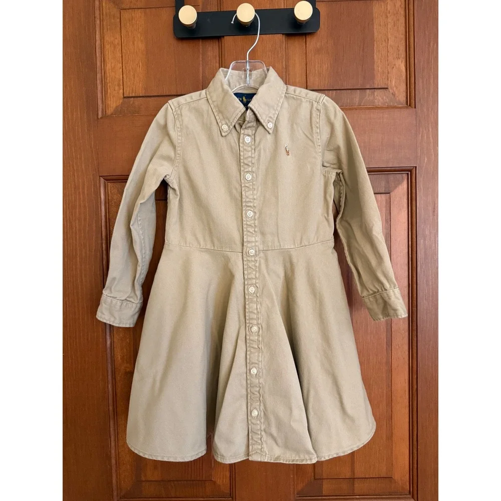 Ralph Lauren Girls Shirt Dress Size 5 Khaki Long Sleeve Button-Down Prep School